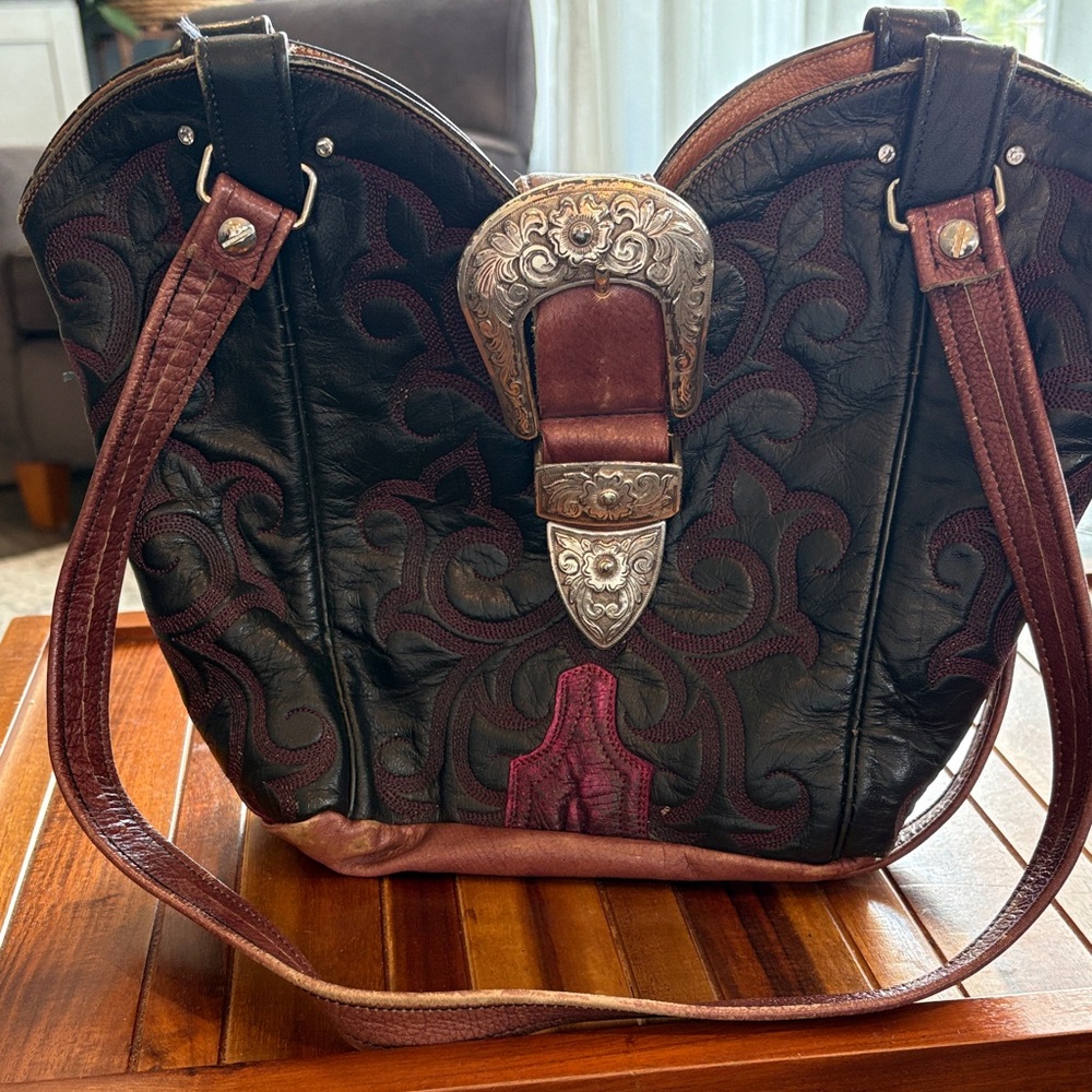 Handcrafted Leather Cowboy Boot Should Bag with Heavy Belt Buckle Closure Strap